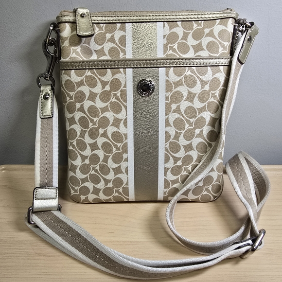 Coach Handbags - COACH Khaki and Gold Swingpack Crossbody Bag Coated Canvas Signature Stripe